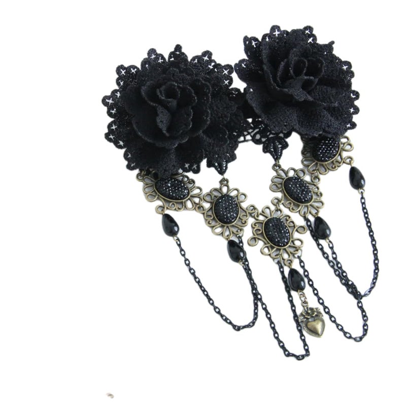 TanQiang Gothic Vintage Black Lace Rose Flower Hair Clip With Pearl Chain Tassels Hair Barrettes for Women Princess Headwear - Image 1